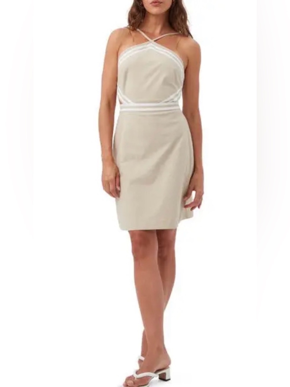 NWT TRINA TURK Grasse Linen Sleeveless Halter Mini Dress Side Cutouts Beige Sz 8